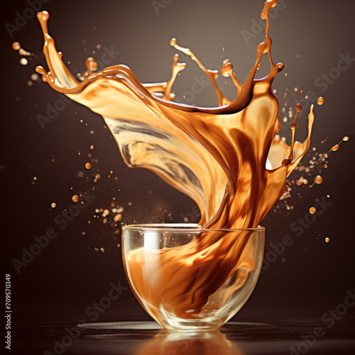 Fantastic Splash wave of milk coffee with drops and a dof effect inside a glass cup with a back light and a dark brown background