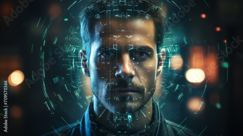 Futuristic Face scanning system with circular thin green lines in front of a caucasian Man front face with short brown hair and blurry dark background