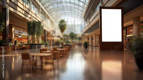 Tall White board with frame on the right of a Shopping mall walk with vegetation parts and empty tables with day light from glass roof and without people