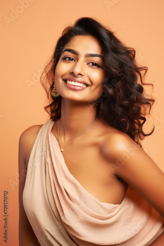 Beautiful young indian woman wearing beige scarf. Studio shot . © Synthetica