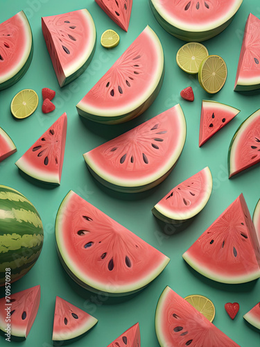 Luscious Watermelon Slices on Whimsical Tropical Sunset Gradient - Realistic Pop Art Illustration Gen AI photo