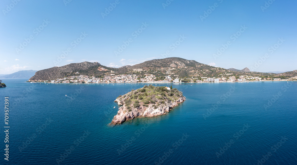 Greece, Tolo near Nafplio, Argorida, Peloponnese. Aerial drone panoramic view of village, sea. Space