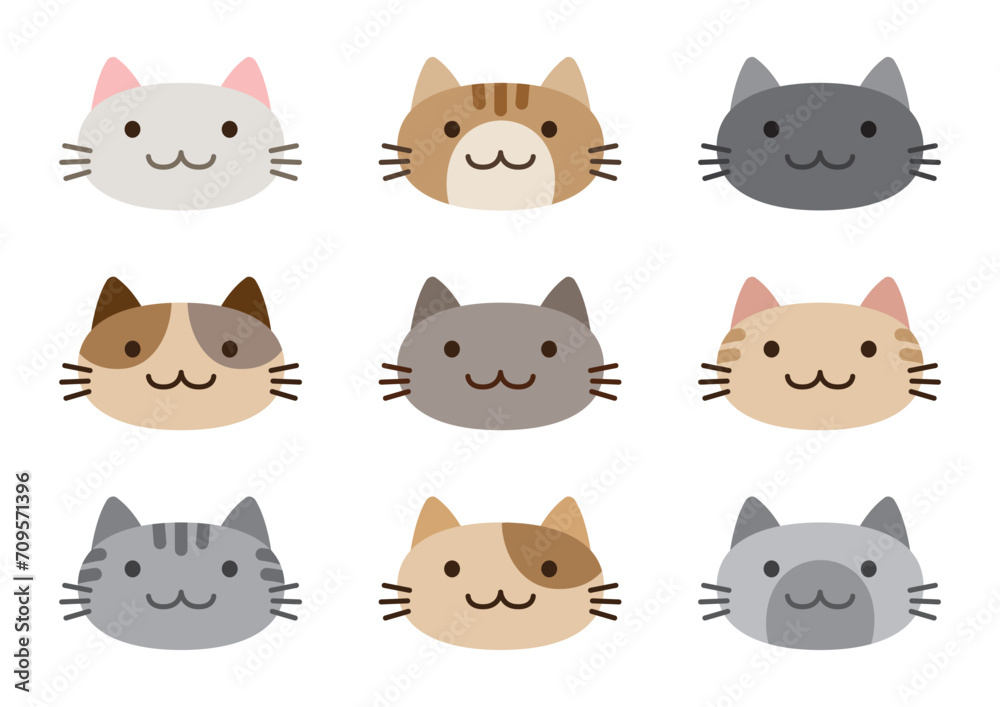 色々なかわいい猫の顔のイラストセット　Illustration set of various cute cat faces