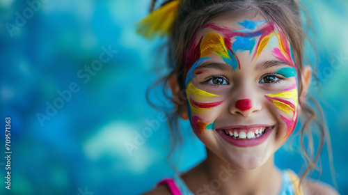 Cute Smiling Girl with Face Painting Against a Vibrant Blue Background