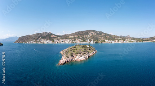 Greece, Tolo near Nafplio, Argorida, Peloponnese. Aerial drone panoramic view of village, sea. Space
