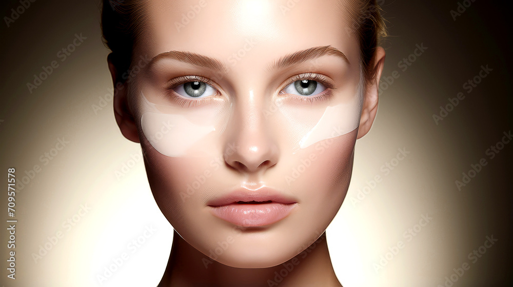 Radiant Beauty: Close-Up of Young Woman's Clean Skin with Cream on Cheeks Radiant Beauty: Close-Up of Young Woman's Clean Skin with Cream on Cheeks