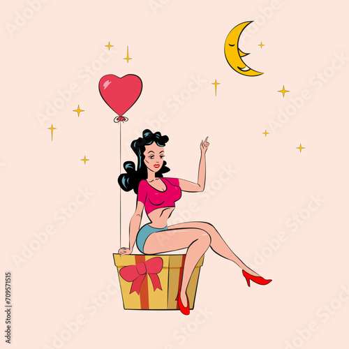 Sexy Pin-up woman sits on a gift box with holds an inflatable heart and points a finger to the moon. Vector in retro comic style isolated illustration halftone