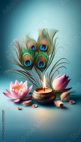 Indian still life background with diya lamp ,peacock feathers and lotus flower. photo