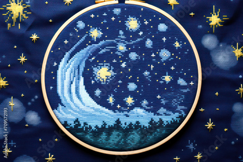 A beginner's cross stitch pattern featuring a starry night sky on navy blue fabric