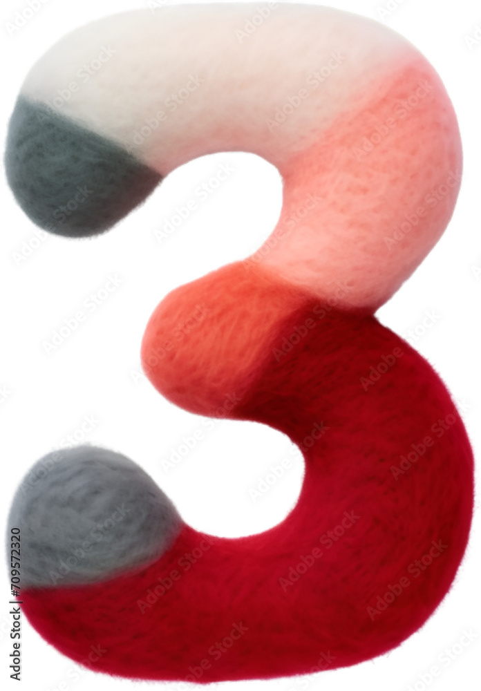 Number 3 made of soft felt and fluffy fur icon isolated on white. colorful toy circus-inspired. Number 3 made of soft felt and fluffy fur icon isolated on white. colorful toy circus-inspired.