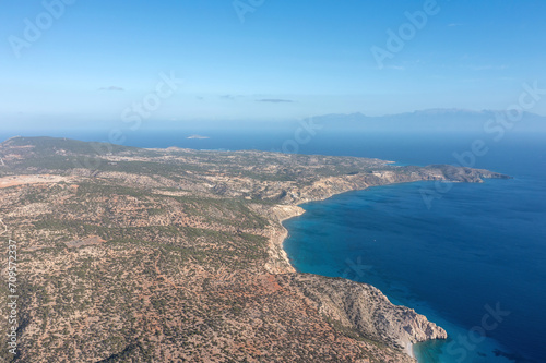 Gavdos island, Crete Greece. Aerial drone view of wild rocky landscape, vast sea water, blue sky.