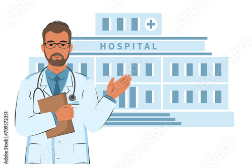 Doctor man igainst the background of the hospital building. Friendly and caring medical worker. Vector illustration.
