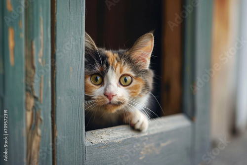 "Feline Ingenuity: Amusing Cat Expertly Opening a Door by Squeezing Its Body Through a Small Opening - A Cute Kitty Utilizing Head and Paw, Exploring the Intriguing World Behind Closed Doors. A Whimsi