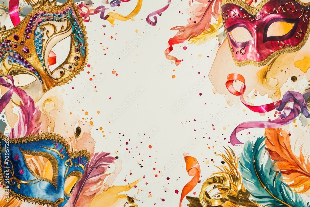 Festive background with elements of the holiday, masks, confetti, serpentine and bows framed around the edge of the picture, in the middle of the image there is an empty space for text Festive background with elements of the holiday, masks, confetti, serpentine and bows framed around the edge of the picture, in the middle of the image there is an empty space for text