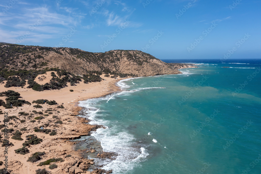 Crete, Greece, Gavdos island. Aerial drone view of beach, wild landscape, sea, blue sky, nature.
