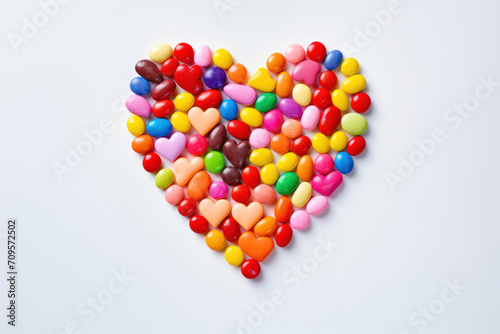 Heart-shaped arrangement of various colorful candies on a plain background