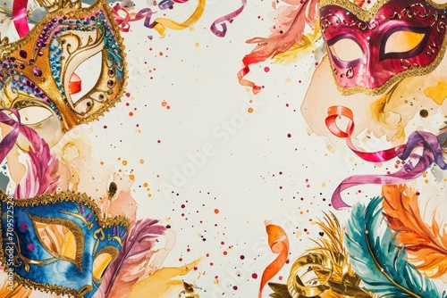 Festive background with elements of the holiday, masks, confetti, serpentine and bows framed around the edge of the picture, in the middle of the image there is an empty space for text