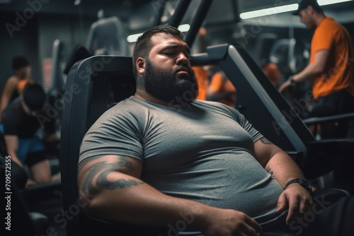 
Photo of a heavy man at a gym, sitting exhausted on a workout machine, with blurred gym-goers in the background
