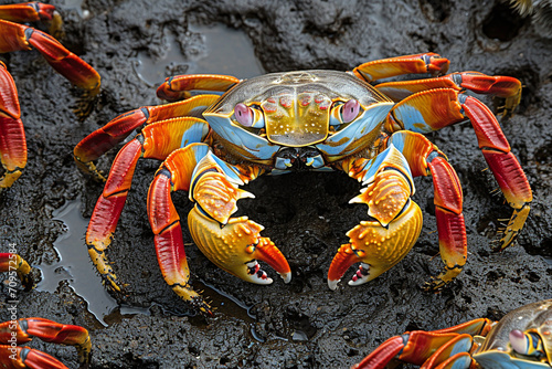 Coastal Vibrance: Sally Lightfoot Crabs (Grapsus grapsus) at Punta Suarez on Espanola Island in the Galapagos Islands, Ecuador - A Spectacle of Colorful Marine Life Against the Natural Beauty of the A