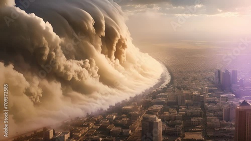 Like a monstrous wave, a sandstorm overtakes a desert city, transforming its landscape beneath a breathtaking birds eye perspective. photo