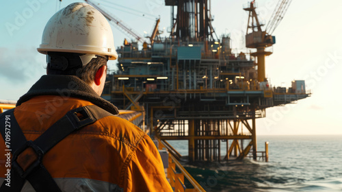 male worker against the backdrop of an oil production offshore platform, view from the back
