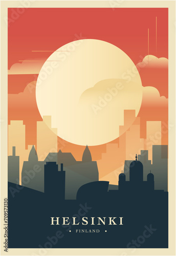 Helsinki Finland city brutalism poster with abstract skyline, cityscape retro vector illustration. Scandinavia travel guide cover, brochure, flyer, leaflet, business presentation template image