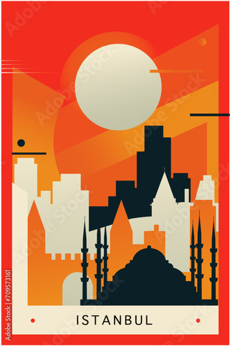 Istanbul city brutalism poster with abstract skyline, cityscape retro vector illustration. Turkey travel guide cover, brochure, flyer, leaflet, business presentation template image