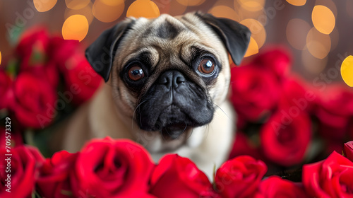 pug with lots roses. Valentine's day concept 