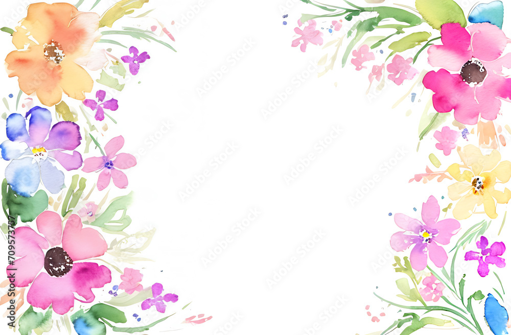 Frame of beautiful flowers white space in the middle of the image, watercolour, painted illustration Frame of beautiful flowers white space in the middle of the image, watercolour, painted illustration