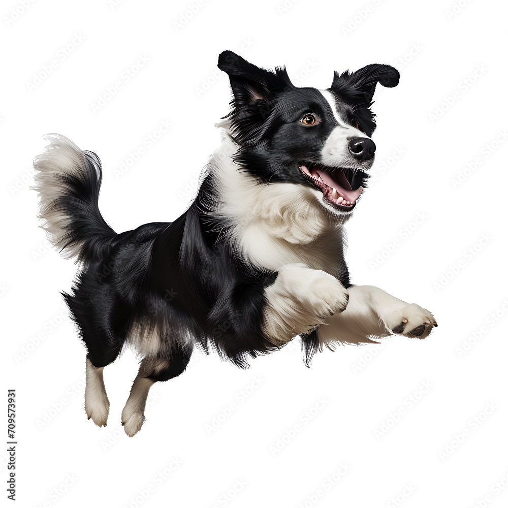 Healthy dog jumping happily on PNG transparent background.