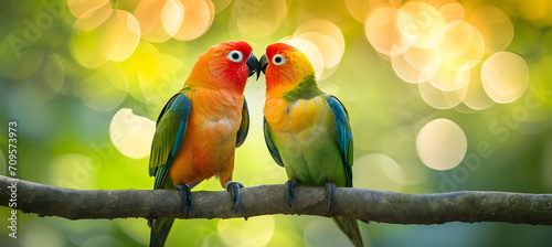 two kissing parrots on bokeh background. Valentine's Day concept 