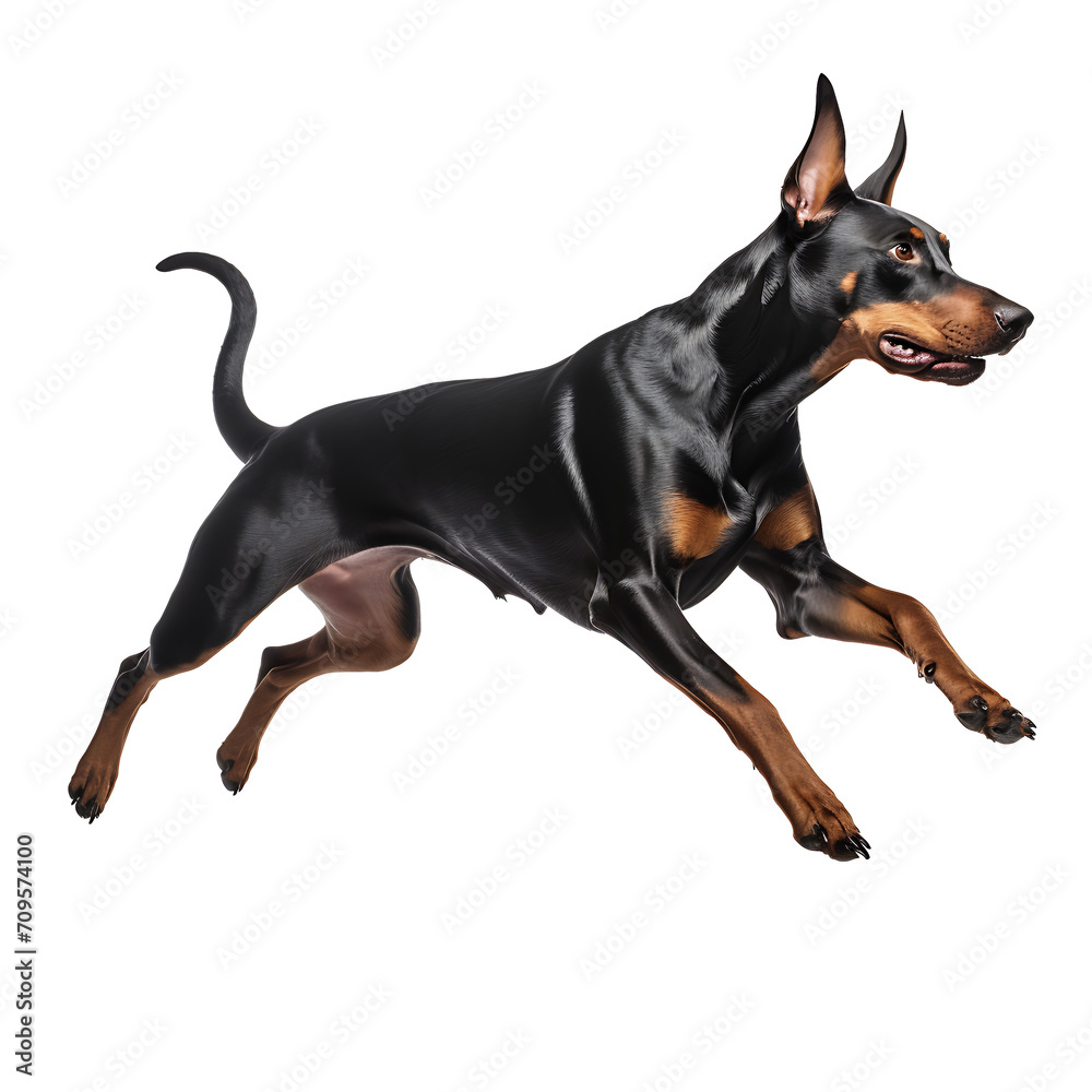Dobermann Healthy dog jumping on transparent background PNG, easy to use. Generated by realistic AI