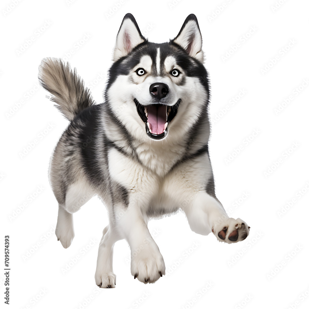 Siberian Husky Healthy dog jumping on transparent background PNG, easy to use. Generated by realistic AI