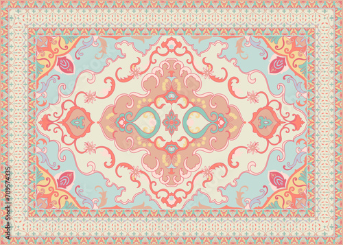 Colorful ornamental vector design for rug, tapis, yoga mat. Geometric ethnic clipart. Arabian ornamental carpet with decorative elements.Persian carpet,