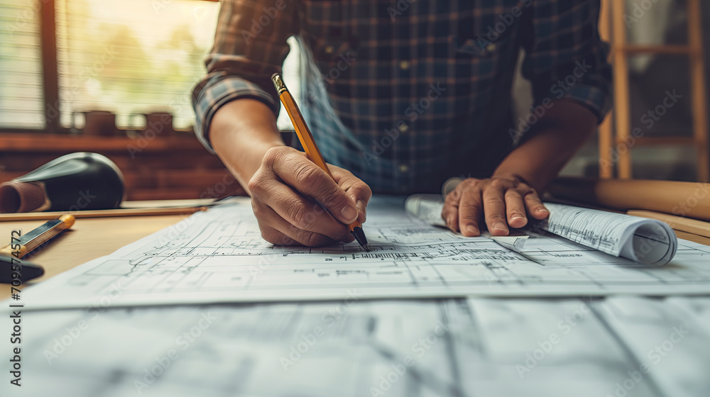 Architect Designing New Home Plans with Blueprint and Design Tools on Drafting Table for Real Estate Development and Mortgage Financing Architect Designing New Home Plans with Blueprint and Design Tools on Drafting Table for Real Estate Development and Mortgage Financing