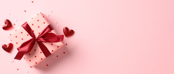 Pink gift box wrapped red ribbon bow with red hearts and confetti on pastel pink background. St Valentines Day holiday concept. Top view, flat lay, copy space.
