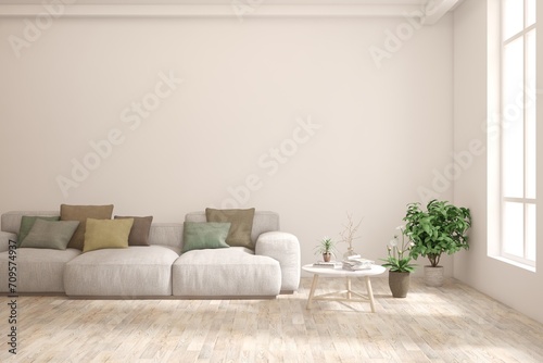 White living room with sofa. Scandinavian interior design. 3D illustration