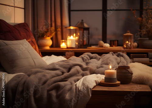 Warm bedroom with candle during winter time.