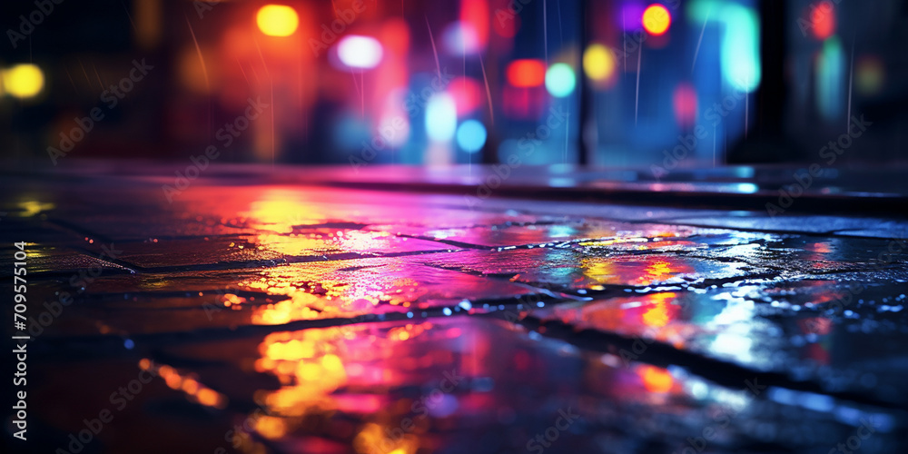Bokeh lights with blurred city street at night, A wet street at night with lights reflecting off of it.