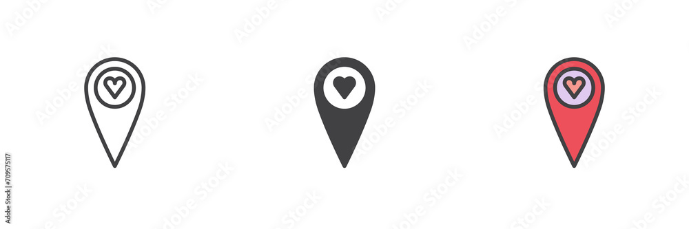 Location pin with heart different style icon set Location pin with heart different style icon set