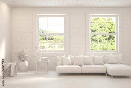 Grey living room concept with sofa and summer landscape in window. Scandinavian interior design. 3D illustration