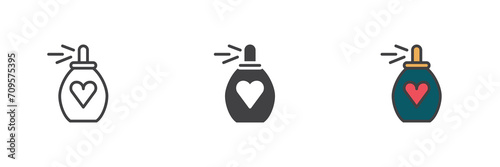 Perfume bottle with heart different style icon set