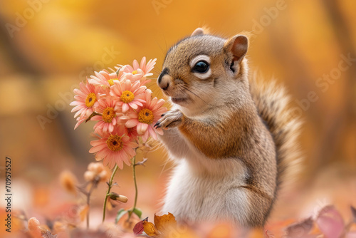 A playful duo of squirrels engages in a charming exchange of flower tokens