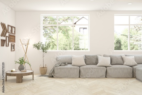 Contemporary classic white interior with furniture and decor and summer landscape in window. Scandinavian interior design. 3D illustration