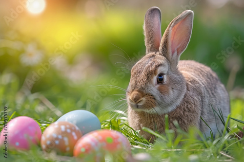 A Fluffy Easter Bunny Serenely Sits on a Lush Green Lawn  Accompanied by Vibrantly Painted Eggs - A Picture of Joyful Serenity and Festive Celebration