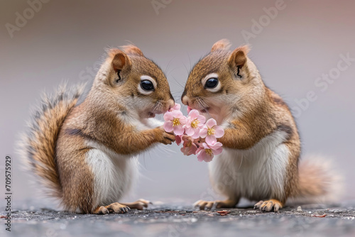 A playful duo of squirrels engages in a charming exchange of flower tokens