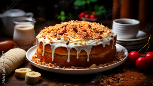 Cake with almonds and cup of coffee on a dark background. 