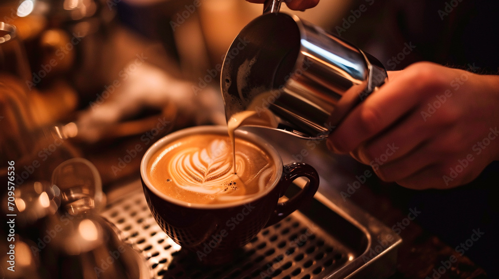 barista pours milk into a cup of coffee. Selective focus. barista pours milk into a cup of coffee. Selective focus.