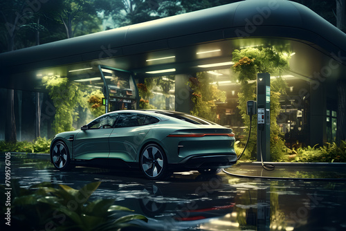 Electric car at the charging station .Eco-friendly concept of sustainable energy. © Nadezda Ledyaeva