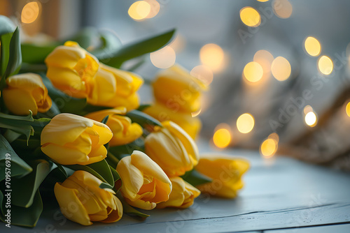 Close-up photo of bunch of yellow tulips lies on a table against the backdrop of bokeh lights. The concept of a holiday gift for a woman on World Women's Day March 8 birthday. Banner with copy space